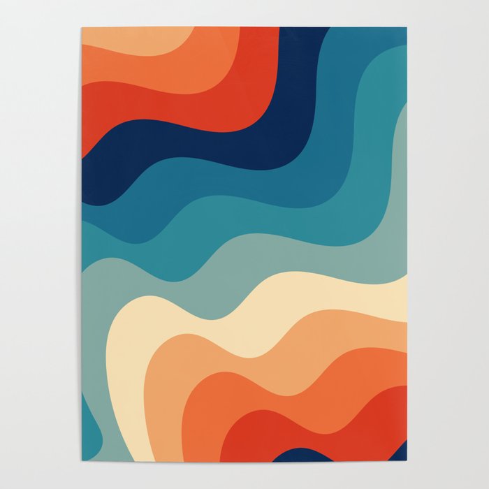 Retro 70s and 80s Color Palette Mid-Century Minimalist Abstract Art Ocean Waves Poster