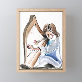 Harpist Musician Music Original Drawing Framed Mini Art Print