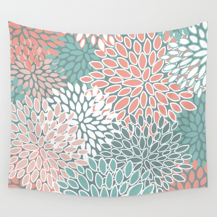 Festive Floral Prints Teal and Coral Wall Tapestry