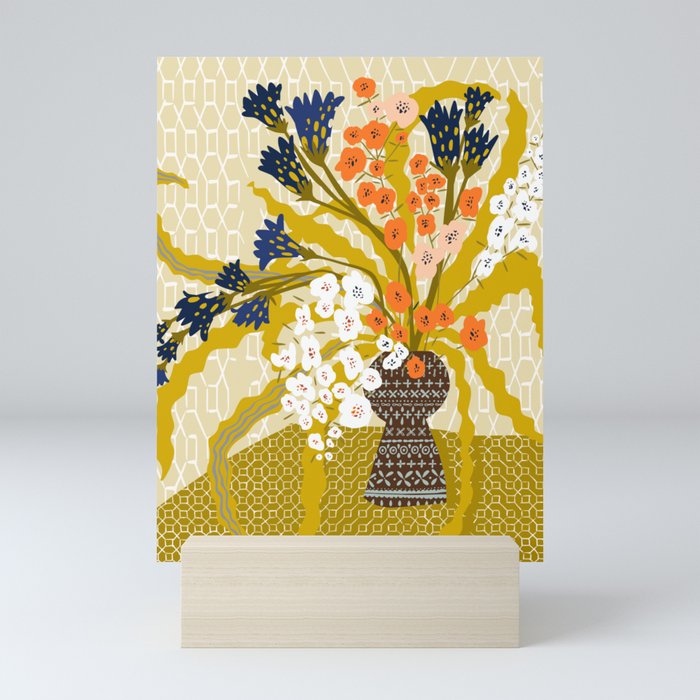 Matisse Flower Vase modern Illustration mustard yellow Mini Art Print