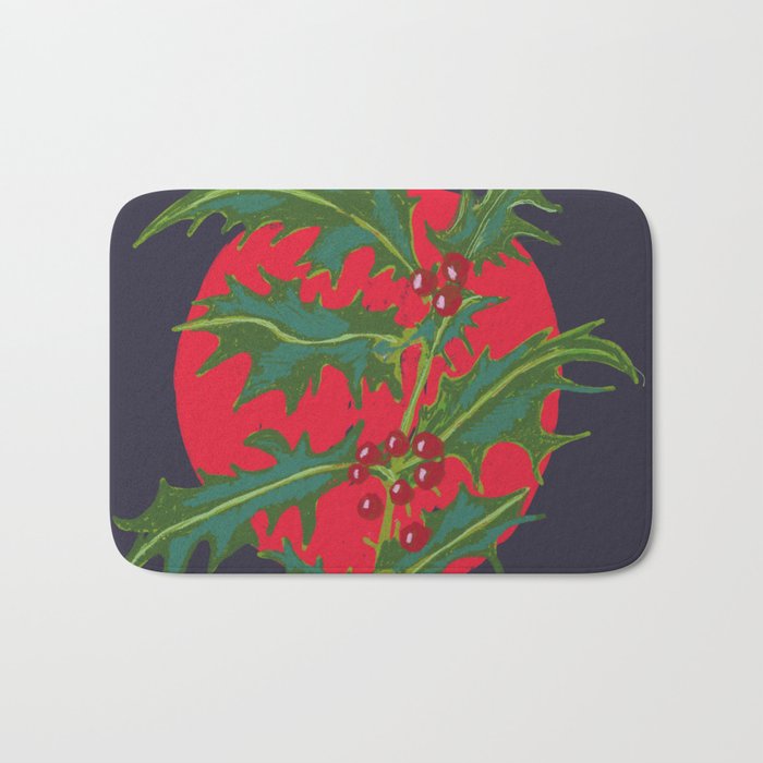 retro holly, holiday illustration, holly berry with red background  Bath Mat