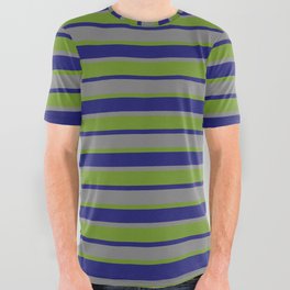 [ Thumbnail: Midnight Blue, Grey & Green Colored Lines/Stripes Pattern All Over Graphic Tee ]