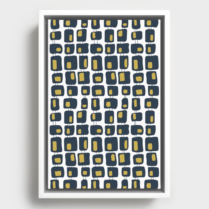 Retro Funky Squares Seamless Pattern Navy Blue, Yellow and White Framed Canvas