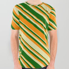 [ Thumbnail: Pale Goldenrod, Dark Green, and Dark Orange Colored Lined/Striped Pattern All Over Graphic Tee ]