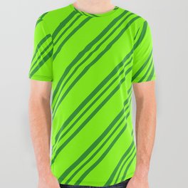[ Thumbnail: Chartreuse and Forest Green Colored Stripes/Lines Pattern All Over Graphic Tee ]