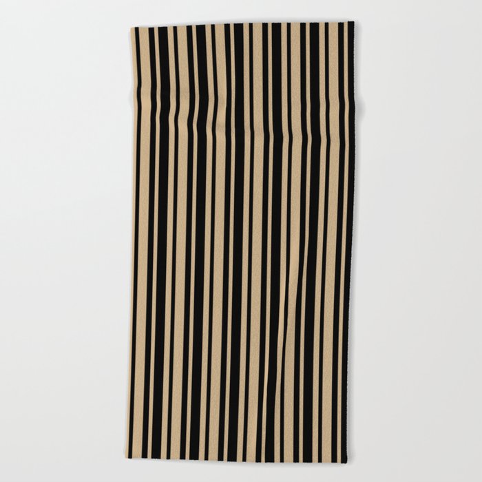 Tan Brown and Black Vertical Var Size Stripes Beach Towel