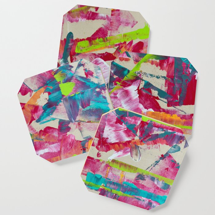 Confetti: A colorful abstract design in neon pink, neon green, and neon blue Coaster