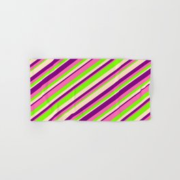 [ Thumbnail: Purple, Hot Pink, Green & Bisque Colored Lined Pattern Hand & Bath Towel ]