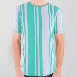 [ Thumbnail: Lavender & Turquoise Colored Pattern of Stripes All Over Graphic Tee ]