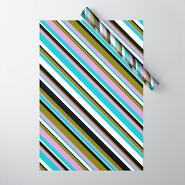 [ Thumbnail: Eye-catching Green, Plum, Dark Turquoise, White & Black Colored Striped/Lined Pattern Wrapping Paper ]