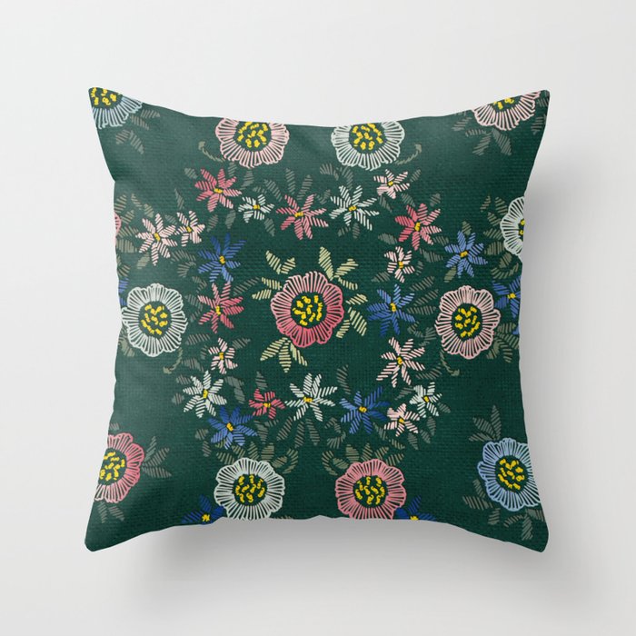 Modern embroidered flowers emerald Throw Pillow