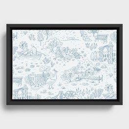 peacock island toile de jouy | teal blue on gray Framed Canvas