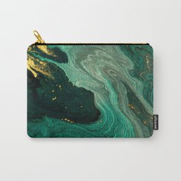 Abstract Pour Painting Liquid Marble Dark Green Teal Painting Gold Accent Carry-All Pouch