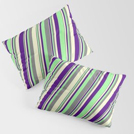 [ Thumbnail: Grey, Light Yellow, Indigo, and Green Colored Lines/Stripes Pattern Pillow Sham ]