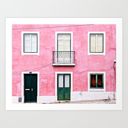 Lisbon Pink Building with Green Door in the Alfama  - Portugal Travel Photography Art Print