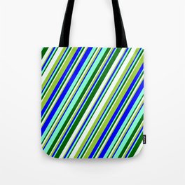 [ Thumbnail: Eyecatching Green, Blue, Aquamarine, Dark Green, and Mint Cream Colored Stripes Pattern Tote Bag ]