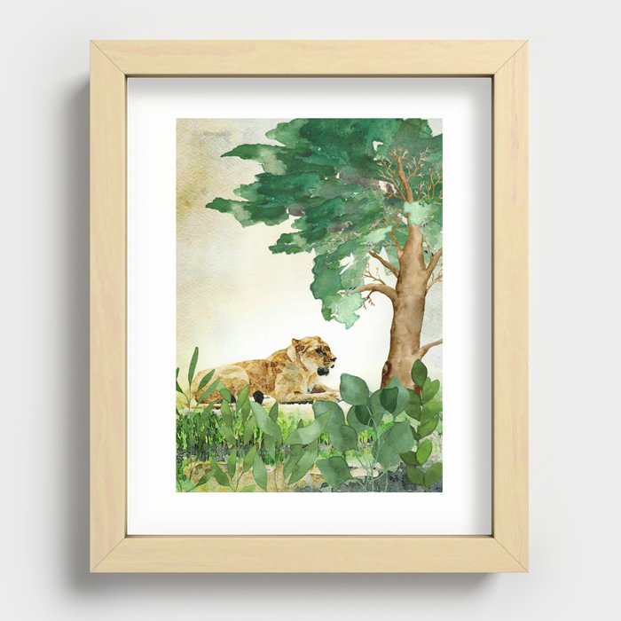 Watercolor Painting of Female Lion Recessed Framed Print