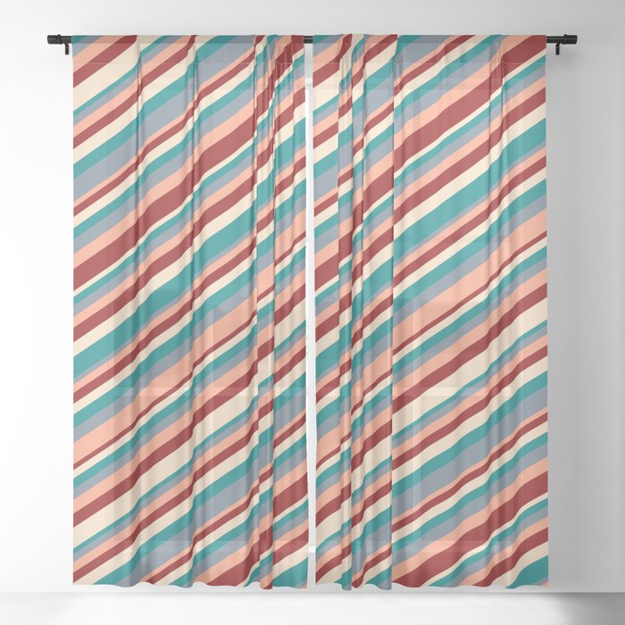Eye-catching Bisque, Teal, Slate Gray, Light Salmon & Dark Red Colored Stripes Pattern Sheer Curtain