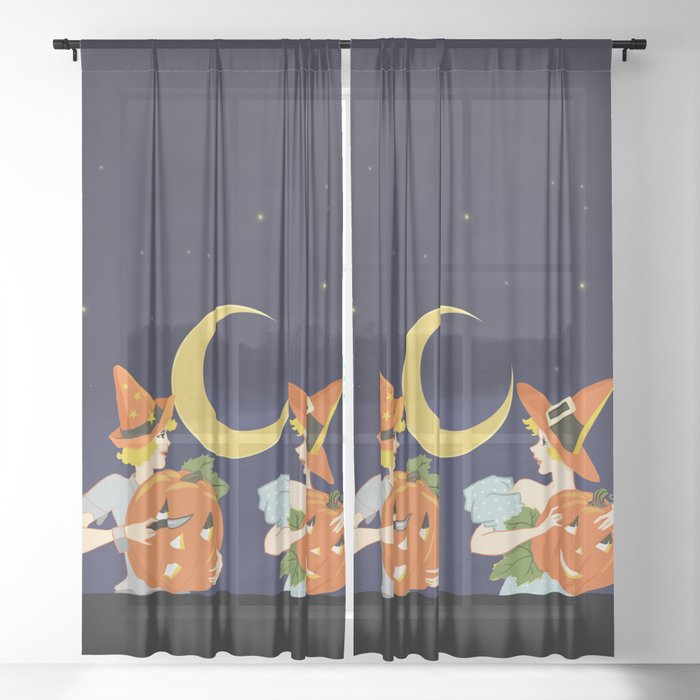 Vintage Halloween Costume Party Pumpkin Carving Sheer Curtain By