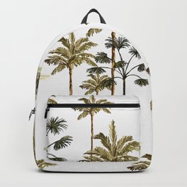 Tropical vintage botanical landscape, palm tree, banana tree, plant floral seamless border on a white background. Exotic green jungle wallpaper.  Backpack