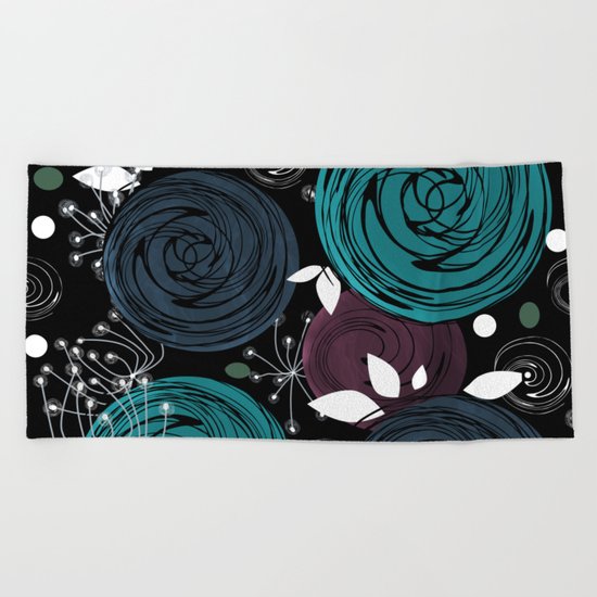 Abstract flowers on a black background . Beach Towel