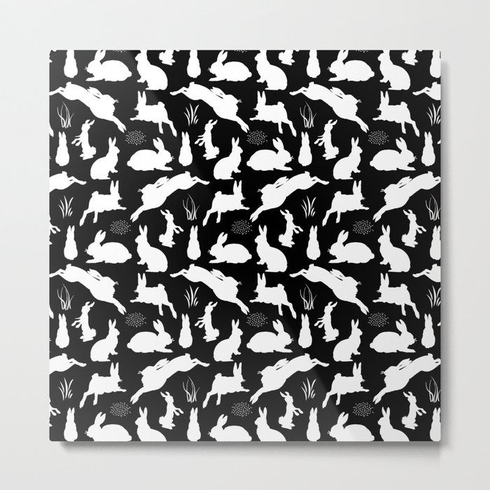 Rabbit Pattern | Rabbit Silhouettes | Bunny Rabbits | Bunnies | Hares | Black and White | Metal Print