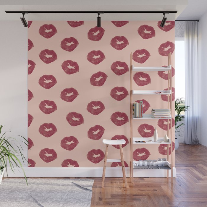 Cute Kisses Red Lips On Pink Background Pattern Wall Mural