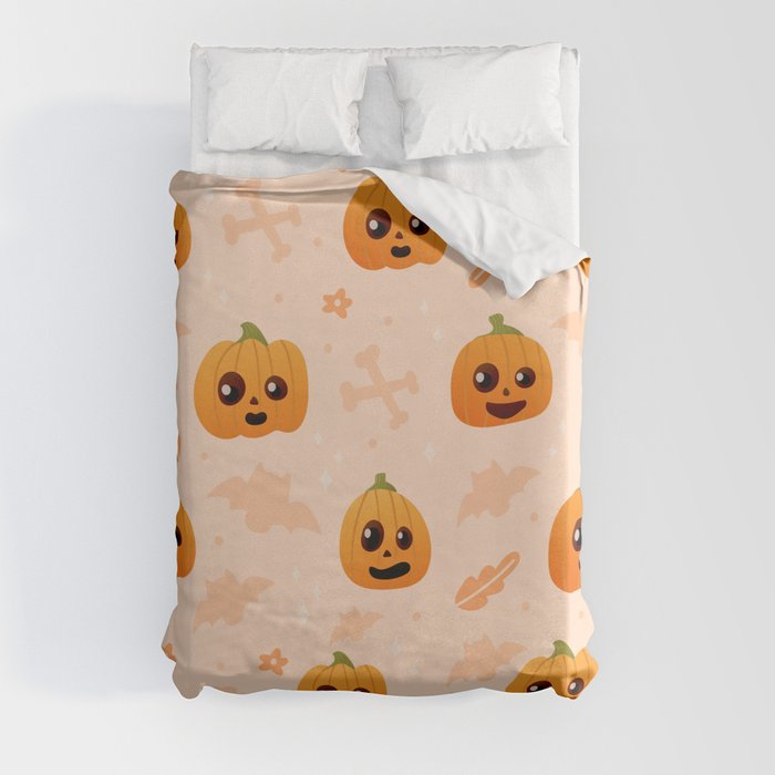 Cute Pumpkin Face Seamless Pattern on Light Background with Bats and Bones, Halloween Ornate Duvet Cover