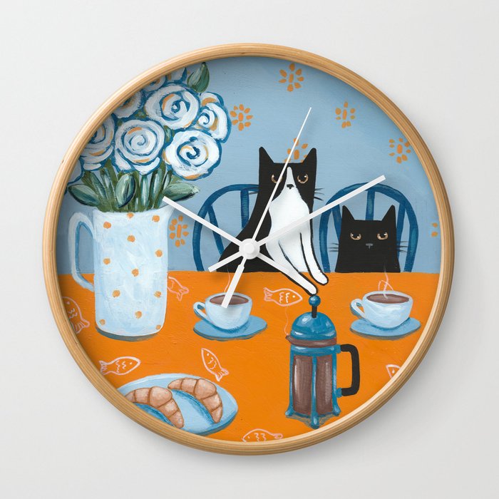 Cats and a French Press Wall Clock | Painting, Acrylic, Original, Cat, Art, Folk-art, Painting, Cats, Tuxedo-cat, Black-cat