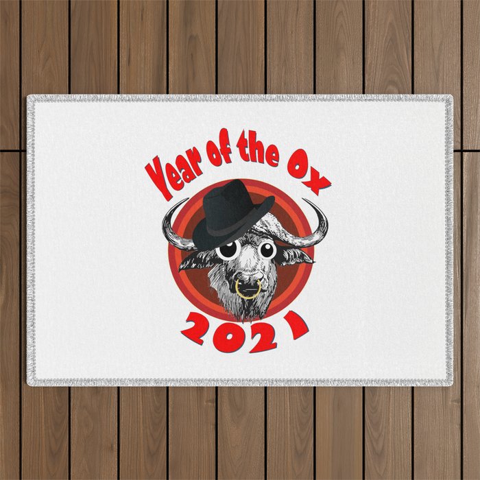 Year of the Ox 2 with Googly Eyes, Hat, Nose Ring, Transparent Background Outdoor Rug