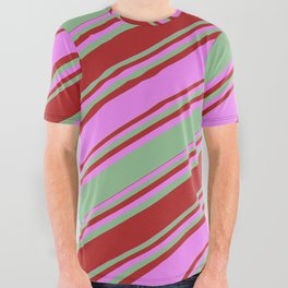 [ Thumbnail: Dark Sea Green, Red, and Violet Colored Stripes Pattern All Over Graphic Tee ]