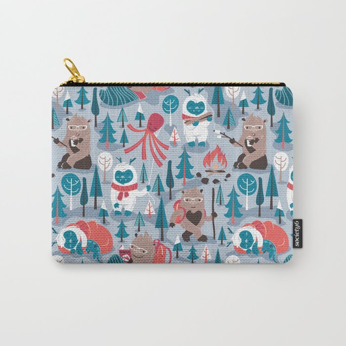 Besties // pastel blue background white Yeti brown Bigfoot blue pine trees red and coral details Carry-All Pouch