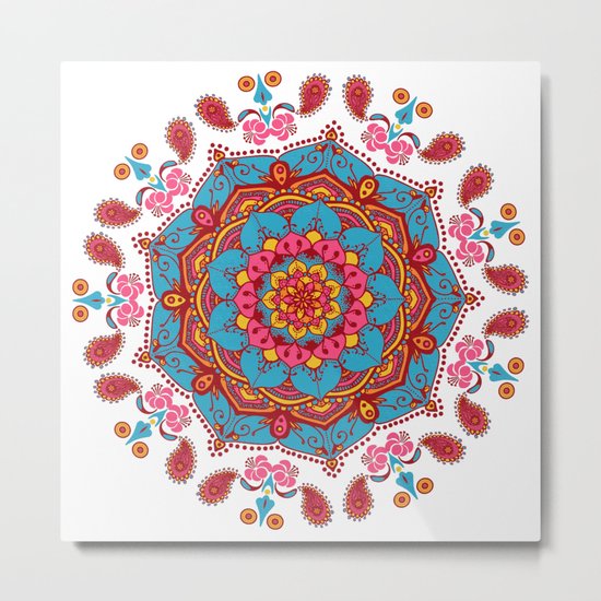 Colourful Indian Flower Patterned Mandala Red Pink & Blue Metal Print