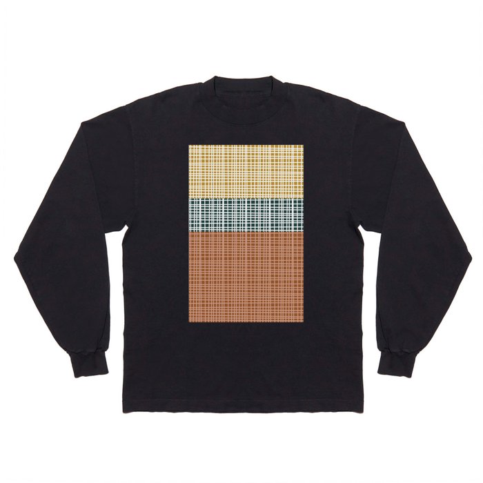 Mid Century Modern Woven Color Block Trio Pattern in Mustard Navy Blue and Clay Long Sleeve T Shirt