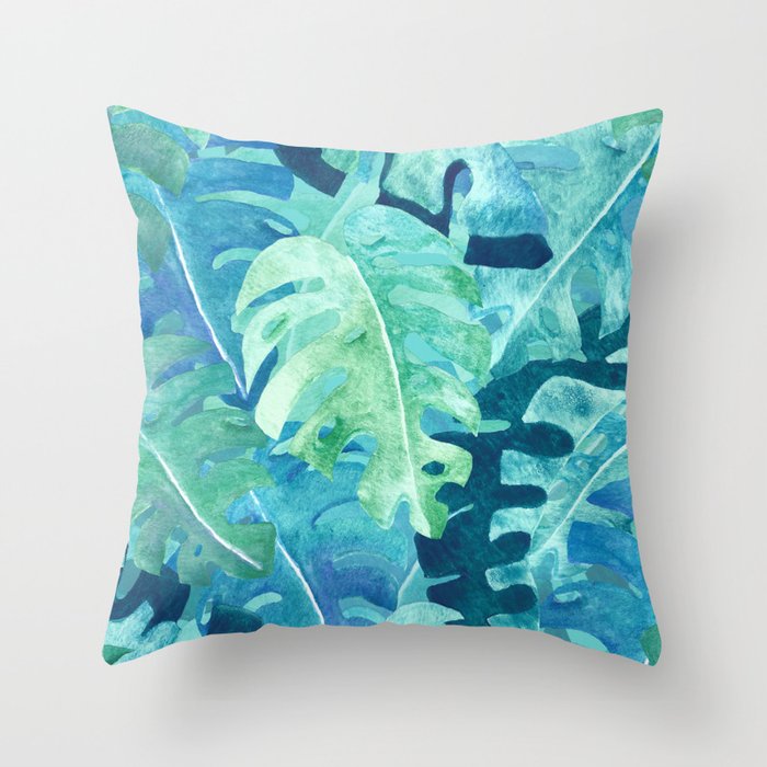 Monstera Leaves | Watercolor Collage in Blue Green Throw Pillow