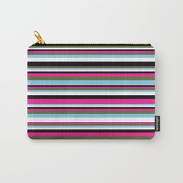 [ Thumbnail: Vibrant Deep Pink, Dark Olive Green, Sky Blue, White, and Black Colored Lined/Striped Pattern Carry-All Pouch ]