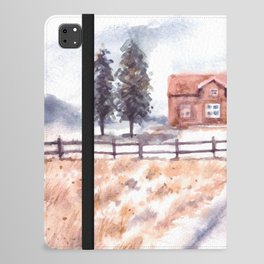 Winter Landscape With House And Pine Trees Watercolor iPad Folio Case