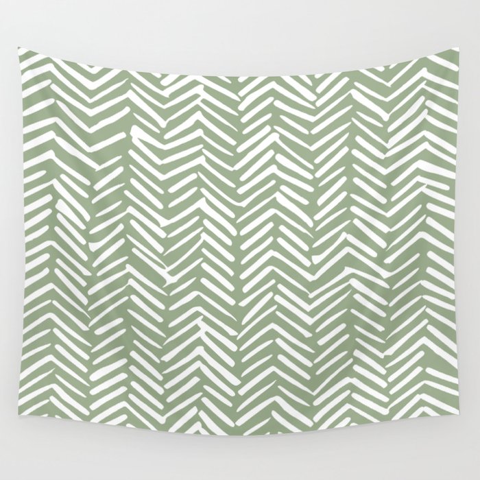 Boho, Abstract, Herringbone Pattern, Sage Green and White Wall Tapestry