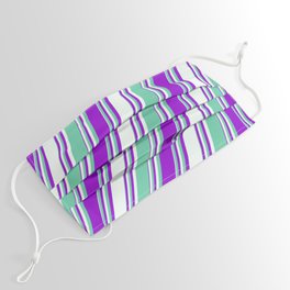 [ Thumbnail: Aquamarine, Dark Violet, and Mint Cream Colored Stripes/Lines Pattern Face Mask ]