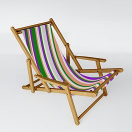 [ Thumbnail: Vibrant Dark Violet, Green, Dark Salmon, Beige, and Light Gray Colored Stripes/Lines Pattern Sling Chair ]