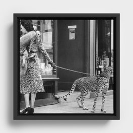 Woman with Cheetah, Phyllis Gordon, with her pet Kenyan cheetah, Paris, France black and white photo Framed Canvas