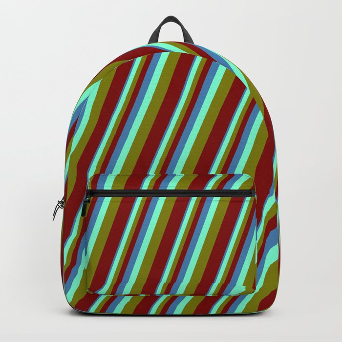 Blue, Aquamarine, Green & Maroon Colored Stripes Pattern Backpack