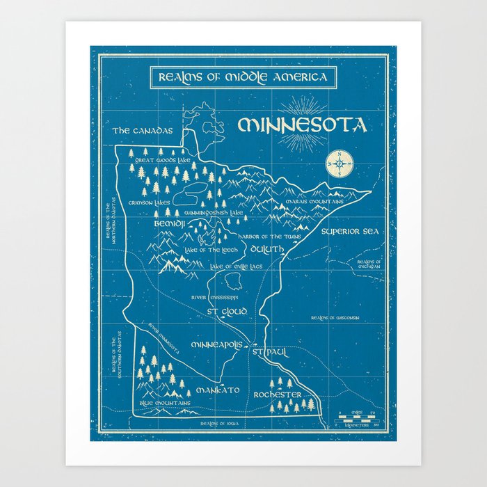 Fantasy Style Map of Minnesota - Blue Art Print