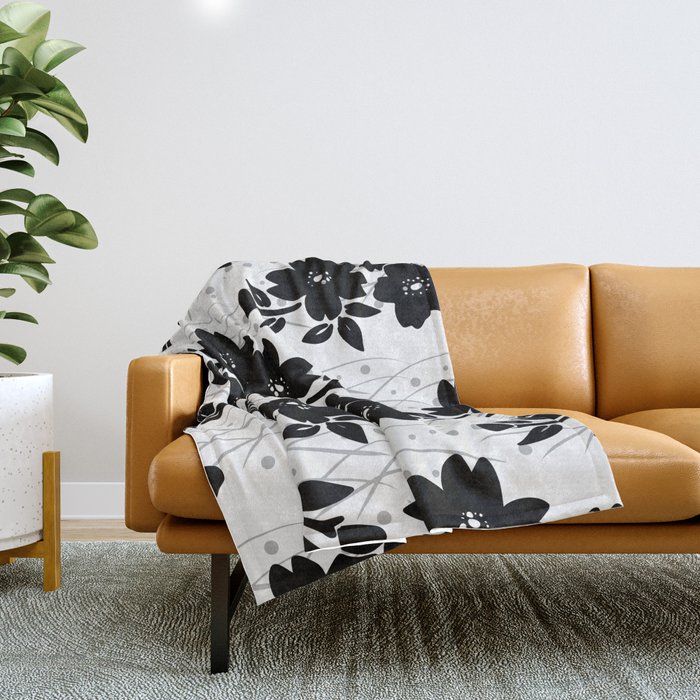 Monotone black and white Japanese Sakura Branch pattern Throw Blanket