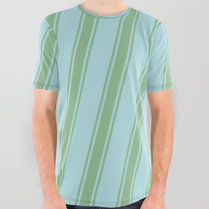 Powder Blue and Dark Sea Green Colored Striped/Lined Pattern All Over Graphic Tee