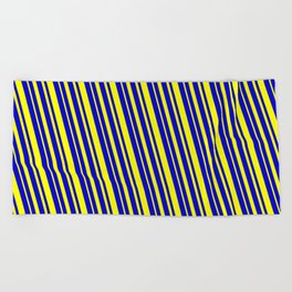 [ Thumbnail: Blue & Yellow Colored Striped/Lined Pattern Beach Towel ]