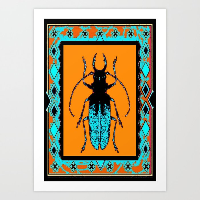 Black Turquoise Stag horn Beetle Western Art Abstract Art Print