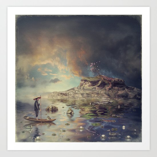 Chinese boat in the mist Art Print