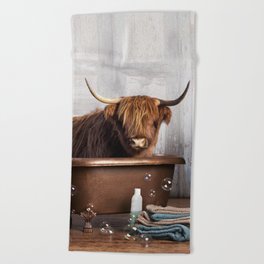 Highland Cow in the Tub Beach Towel