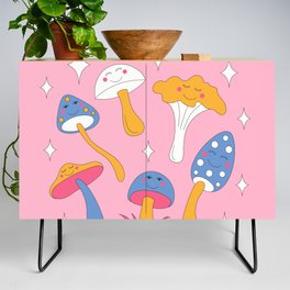 Retro mushrooms and smiles and sparkles. Pink background. Credenza